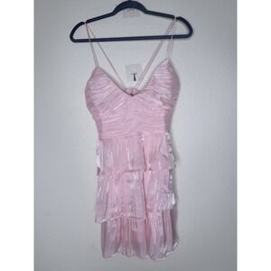 Lulus Monnie Shiny Mini Dress Womens L Pink Tiered Ruffle Strappy Fairycore
